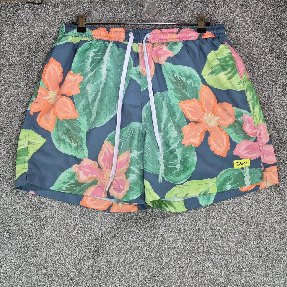 Duvin Swim Trunks Mens Large Green Floral Tropical Mesh Lined Shorts
